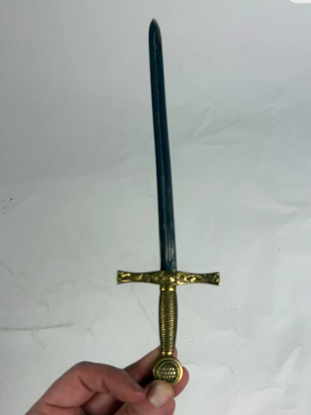 Vintage Medieval Letter Opener Sword Brass Tone Handle Miniature Desk Decor